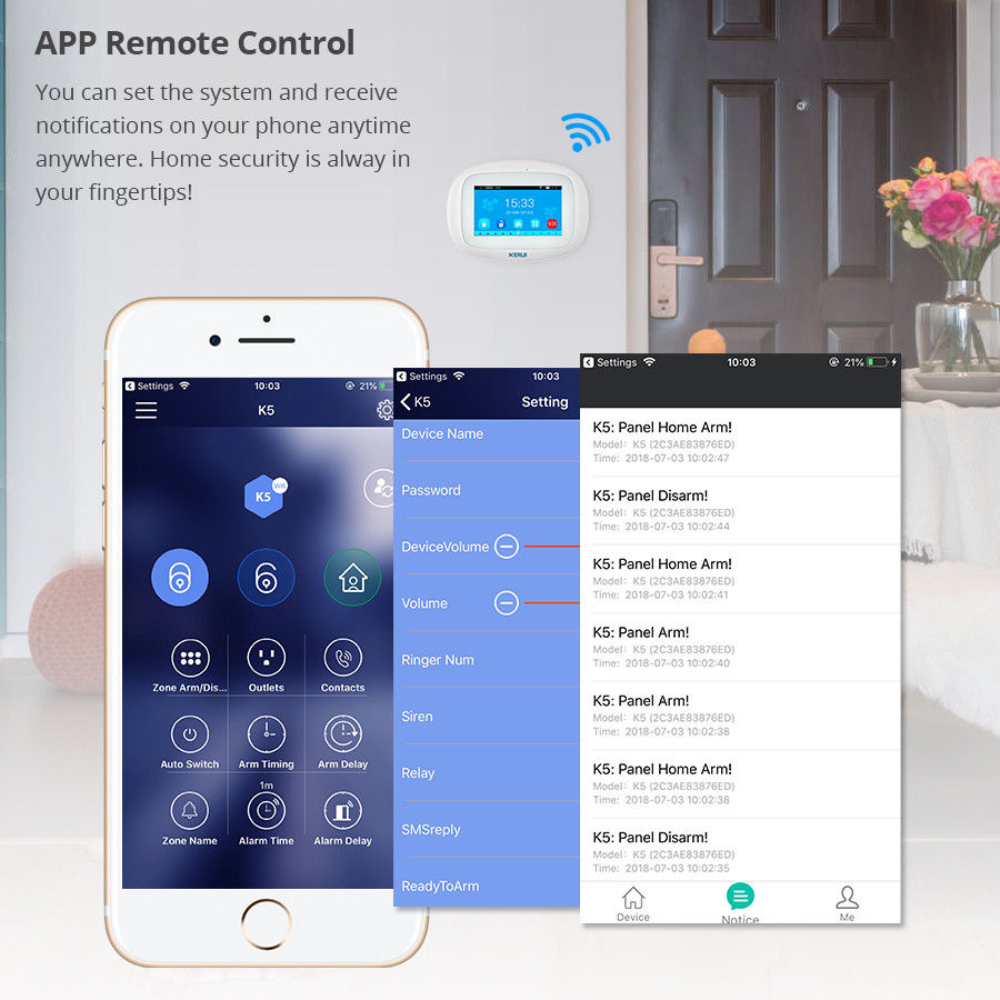 KERUI K52 IOS/Android APP Controlled 2.4G WIFI IP Internet Quad Bands(850/9001800/1900Mhz) GSM GPRS SMS Home Alarm system